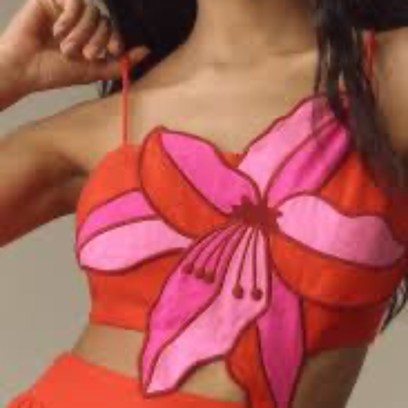 FARM Rio Floral Bodice Linen A-Line Midi Dress - Red M - Picture 4 of 5